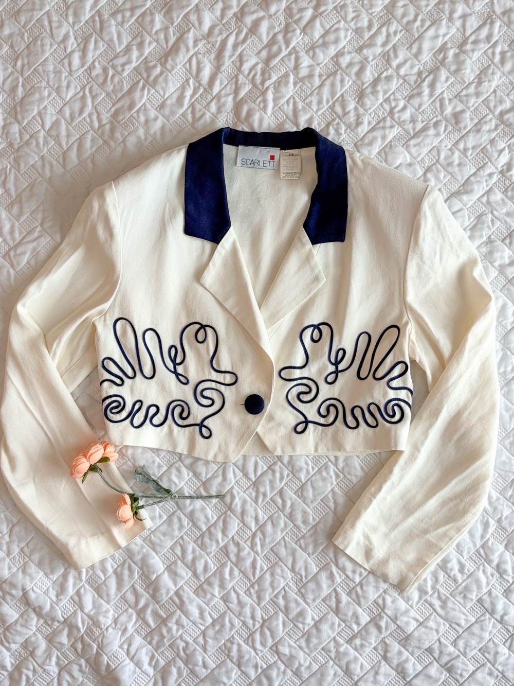 Vintage Scarlett Cropped Bolero Jacket Size 5/6 Ivory Navy Embroidered